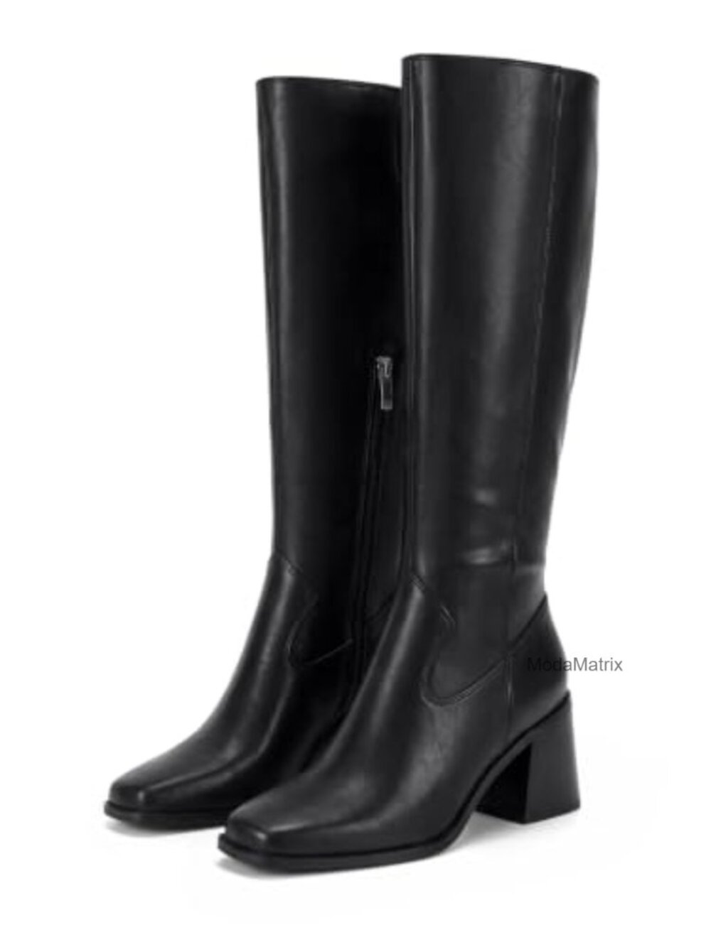 Square Toe Knee High Boots Chunky Heel Tall Faux Leather